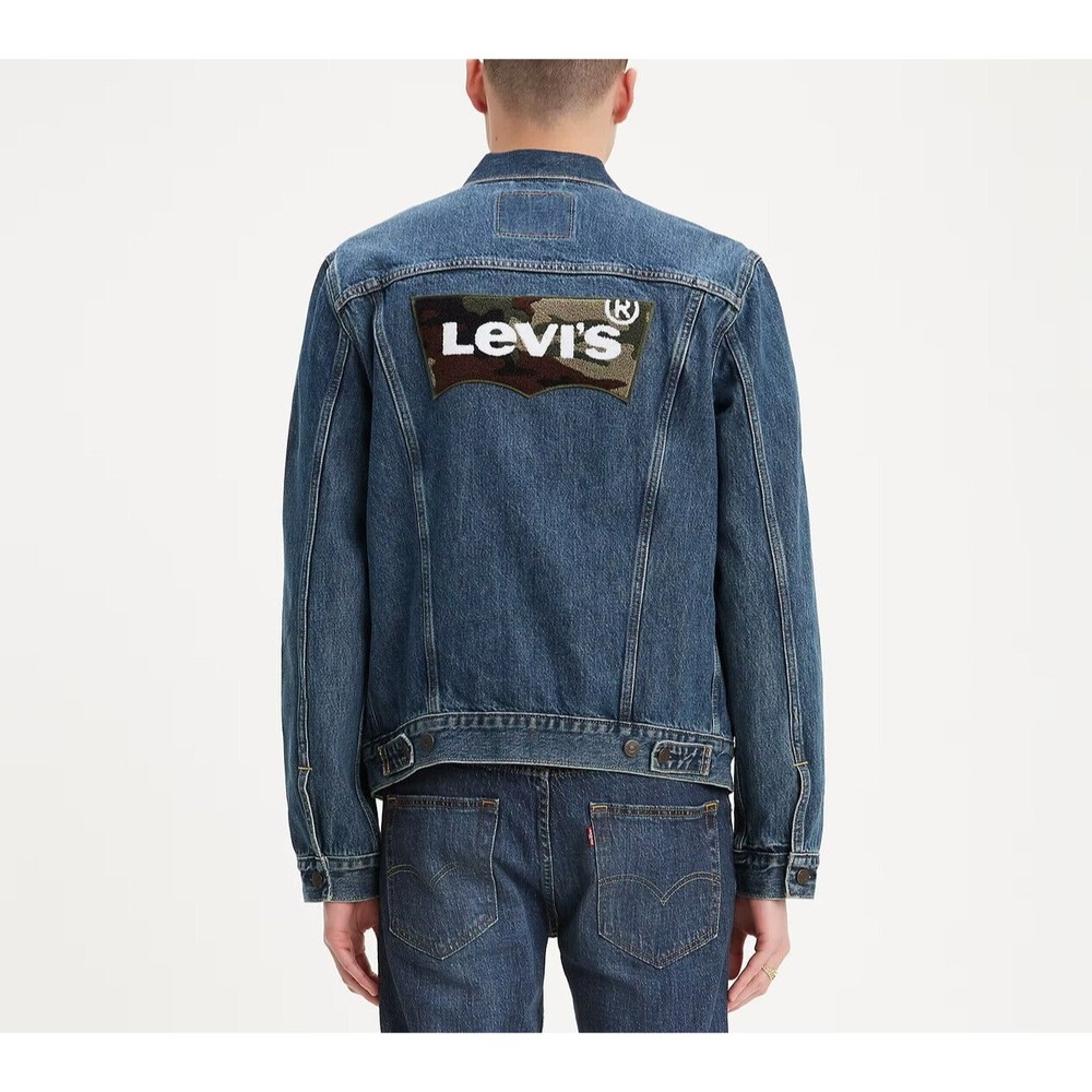 Levi's Men’s Denim Trucker Jean Jacket LARGE Fort Mason Camo Patch Long Sleeve
